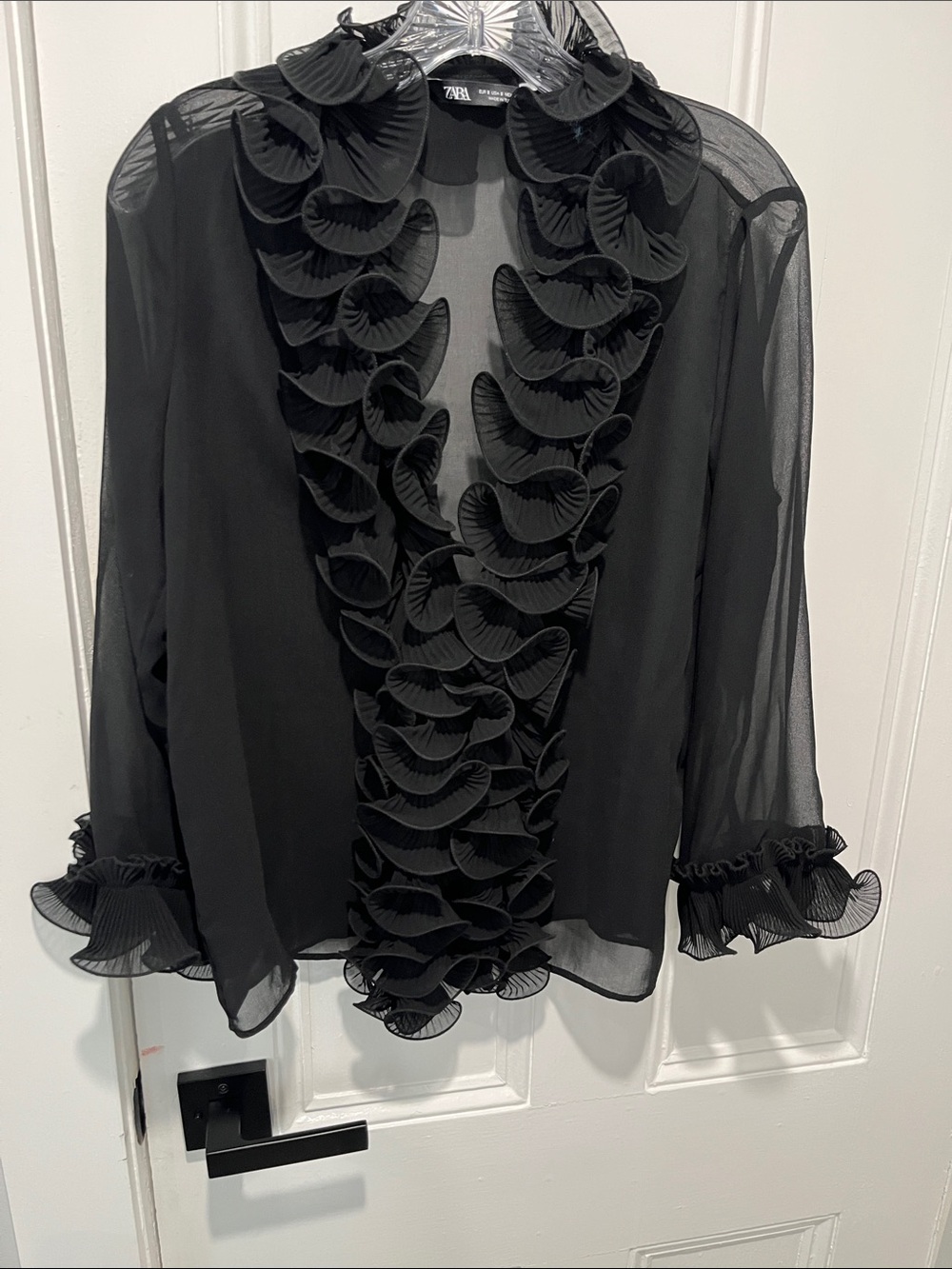 Zara Black Sheer Ruffled Front Blouse